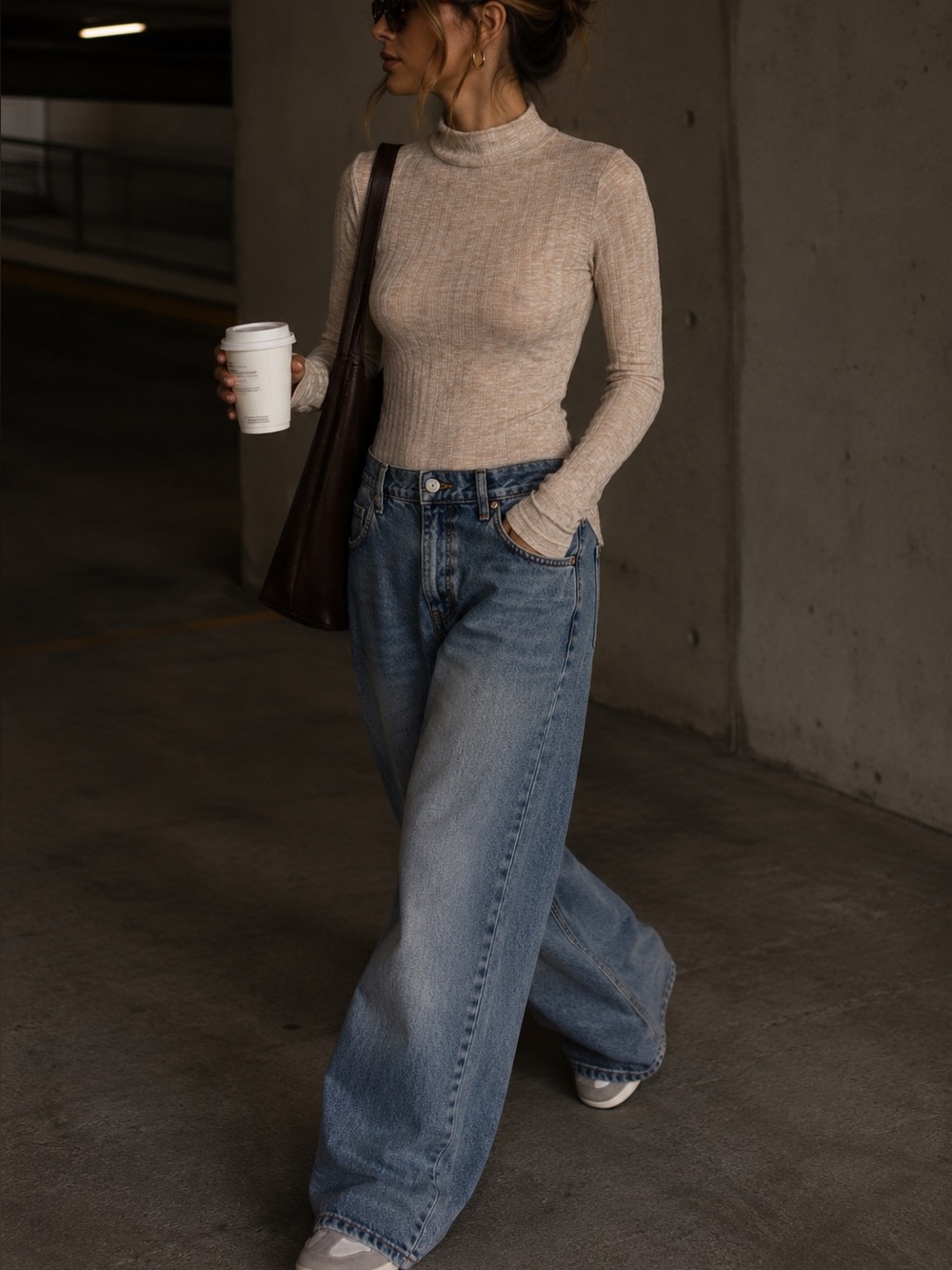 Topshop Ribbed Funnel Neck Long Sleeve Top Tan 2
